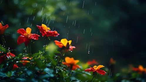 Red and orange garden flowers under rainfall at dusk.