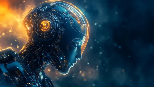 Humanoid robot profile displays illuminated cybernetic head design