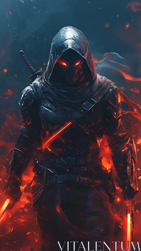 Hooded armored warrior with glowing blades stands in flames