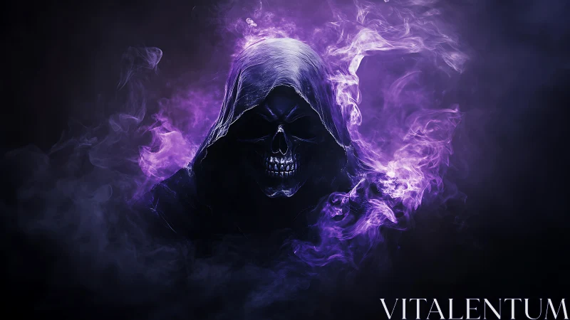 Grim reaper skull emerges from swirling violet smoke shroud.