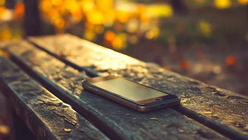 Smartphone on Weathered Wood in Golden Hour Light.