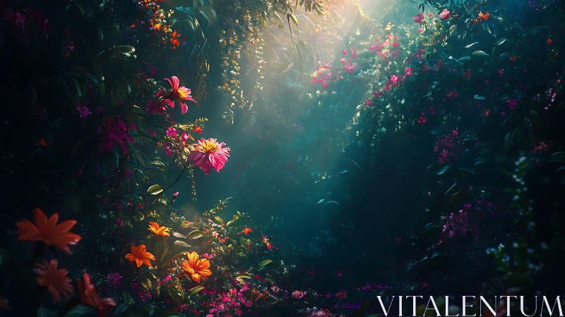 Radiant floral tunnel with luminescent undergrowth and suspended golden light