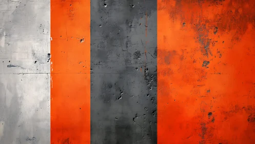 Industrial abstract painting with orange, gray, and white stripes.