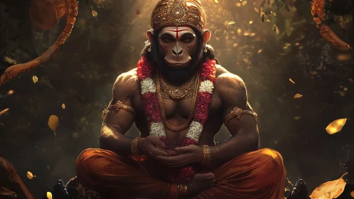 Forest-lit monkey deity folds power and peace together