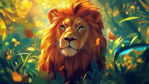Majestic lion rests in glowing jungle foliage at dusk