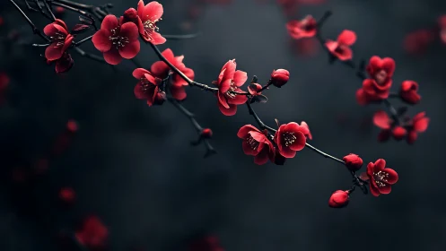 Deep crimson blossoms float against shadowed backdrop.