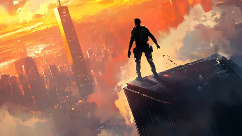 Lone rooftop sentry overlooking blazing sci‑fi skyline.