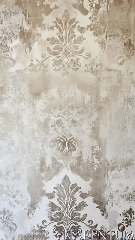 Weathered baroque flourishes on misty neutral plastered wall.