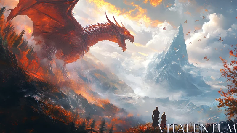 Colossal red dragon confronts two figures in luminous alpine pass