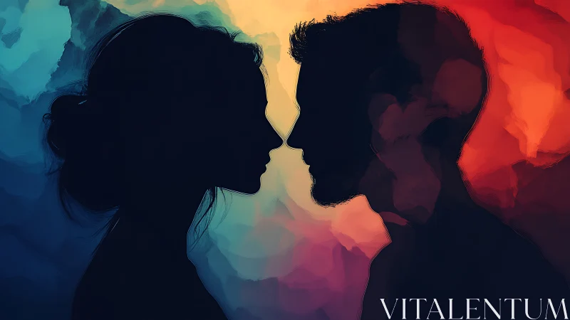 Silhouetted Profiles Converge Through Chromatic Gradient Field.