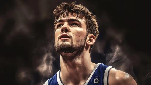 Intense basketball portrait in dramatic arena smoke lighting.