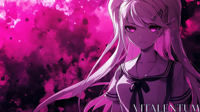 Pink eyed anime schoolgirl in intense smoke backdrop.