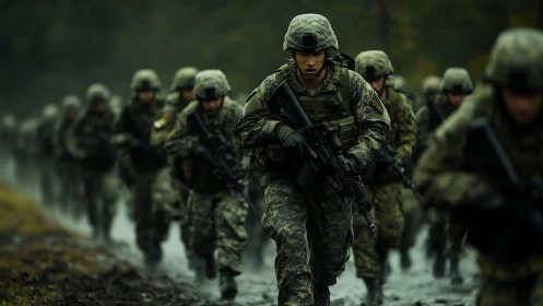 Soldiers in camouflage uniforms run in formation through rain