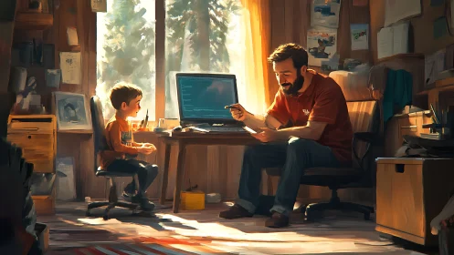 Adult and child at desk with computer in sunlit workspace.