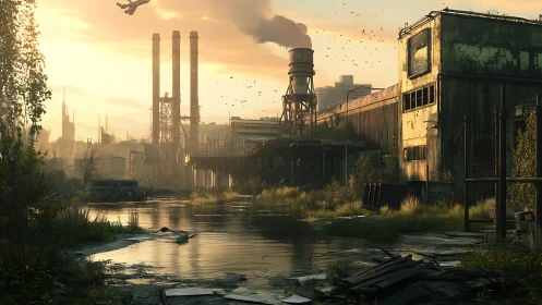 Golden hour overgrown factory and quiet industrial canal.