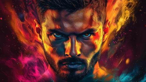 Male digital portrait with dual-color fiery effects applied.