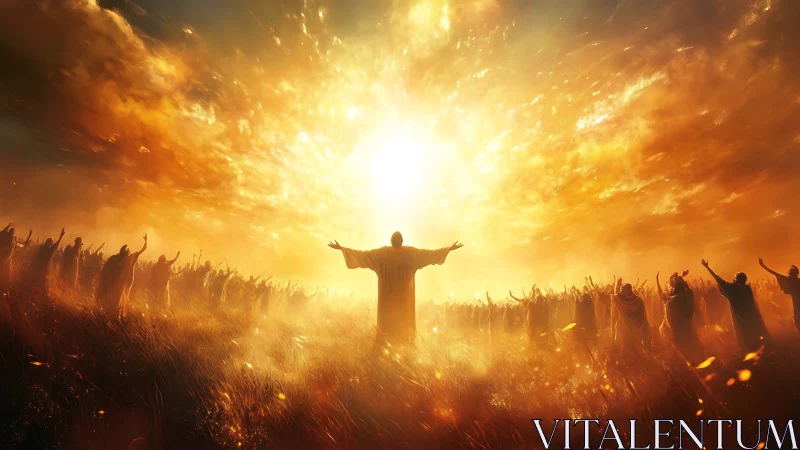 Radiant prophetic figure embracing apocalyptic sunrise light.