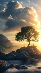 Digital painting of lone tree island under dramatic sunset sky.