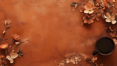 Digital floral coffee still life on textured terracotta ground.