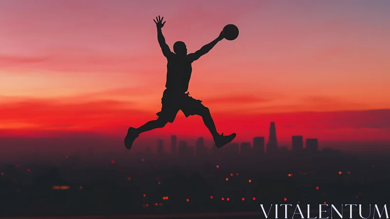 Silhouetted basketball player soaring over sunset city skyline.