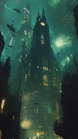 Gothic clocktower rises in a flooded neon metropolis.