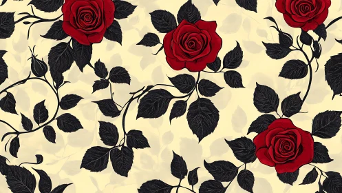 Crimson roses and inky leaves on a soft vintage backdrop.