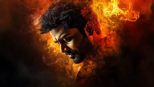 Fire-wreathed profile cradles silent storm of inner resolve