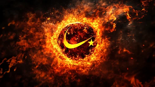Incandescent fireball encircling crescent and star emblem in motion