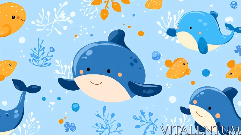 Playful cartoon whales with bright orange fish pattern.