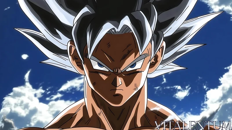 Silver haired anime warrior stares forward under bright sky