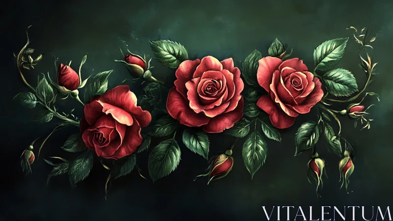 Botanical Roses with Buds Against Verdant Background.