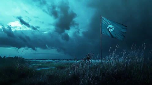 Storm-lit frontier flag whispering over windswept twilight plain.