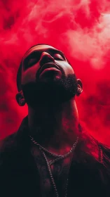 Man in red smoke with dramatic lighting and strong pose.