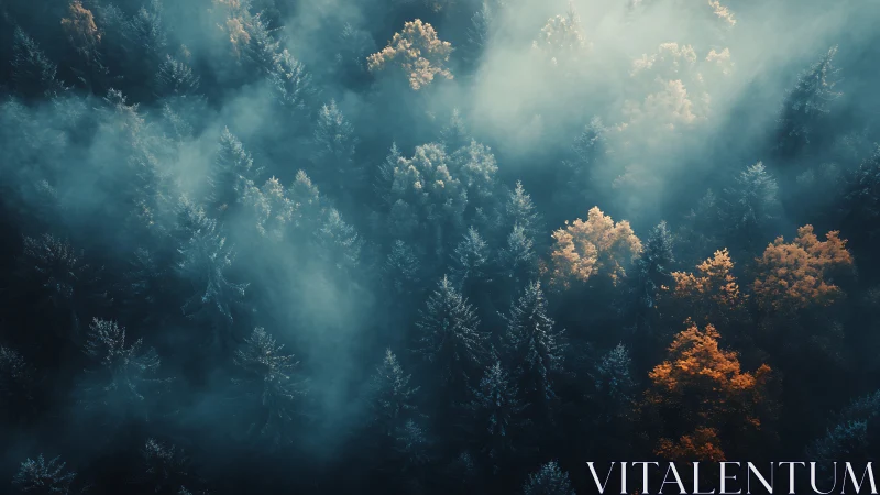 Misty Coniferous Forest with Ethereal Crepuscular Lighting and Autumn Transition.