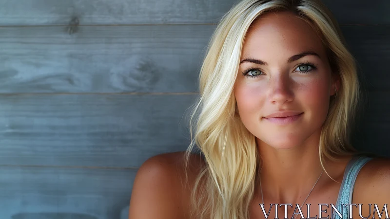 Portrait of Smiling Blonde Woman Against Wooden Wall, Natural Light.