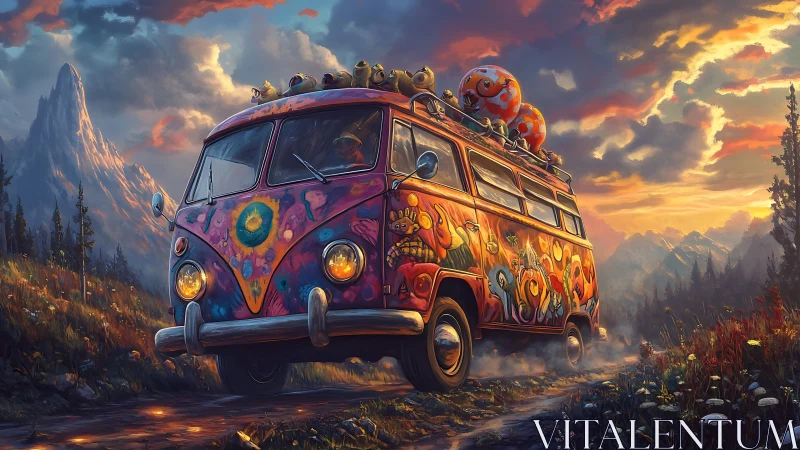 Psychedelic van driving through alpine valley at sunset.