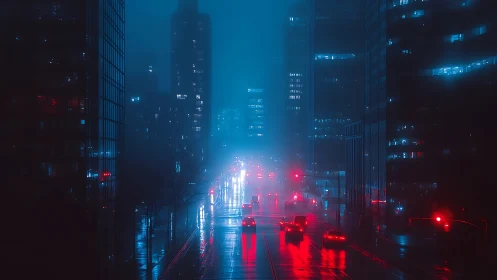 Neon rain stitches red traffic veins through a sleeping city