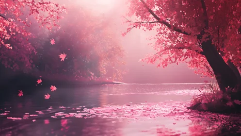 Pink maple trees over calm river in soft morning light.