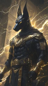 Anthropomorphic jackal warrior in ornate armor amid lightning.