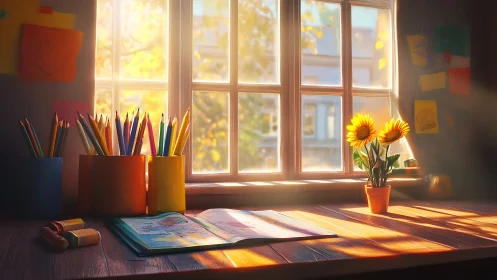 Sunlit art desk where daydreams and colors quietly bloom.