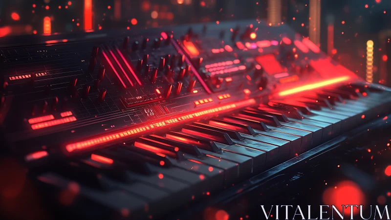 Futuristic synthesizer keyboard in neon red cybernetic glow.