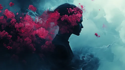 Silhouetted female profile dissolves into abstract crimson clouds