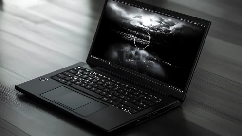 Monochrome performance laptop with cinematic loading display.