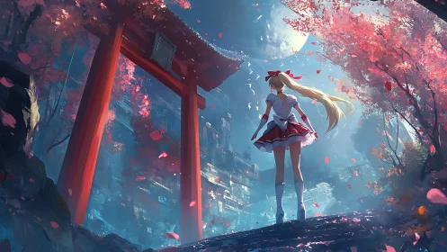 Anime shrine guardian under moonlit sakura gateway composition.