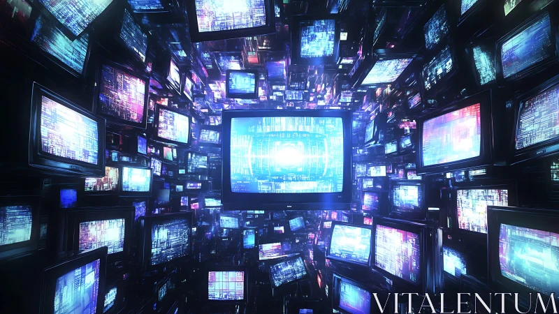 Dense CRT monitor matrix depicts luminous data-stream convergence