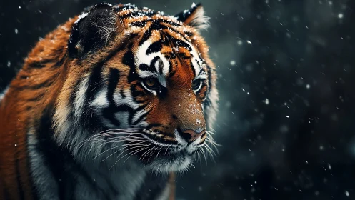 Snow-dusted tiger gaze in moody shallow-focus portrait.