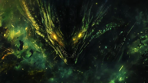 Emerald cosmic dragon emerging from swirling starlit void.