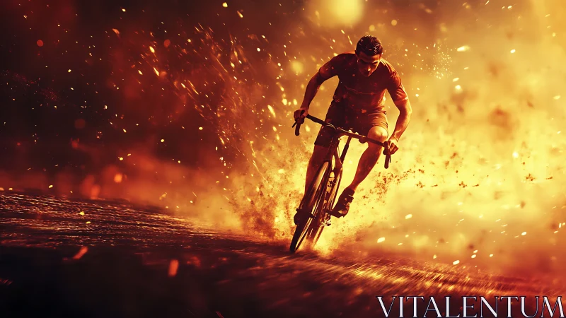 Cyclist rides through fiery sparks in dynamic motion scene.