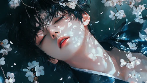 Male portrait immersed in floral bokeh with painterly lighting