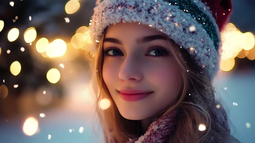 Snowlit holiday portrait with warm bokeh lights background.